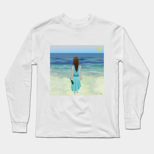 Woman Standing in Front of the Ocean with Bottle of Champagne and a Glass Long Sleeve T-Shirt by ibadishi